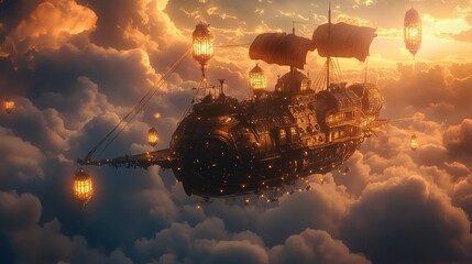 A steampunk airship flying through the clouds with glowing lights.