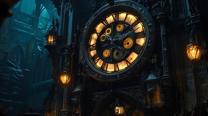 Obraz premium Close-up of a large, ornate clock face on a gothic building.