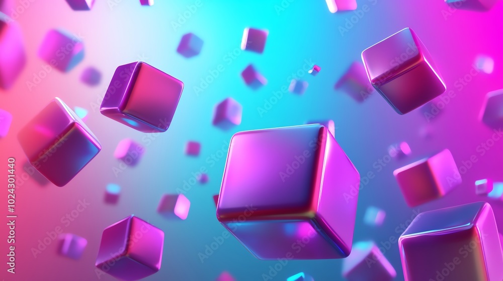Poster abstract background of glossy pink and purple cubes floating in a gradient blue and pink light.