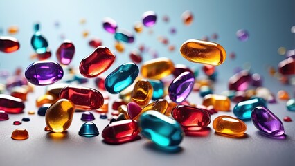 A mix of colorful soft gel capsules, tumbling through the air, showcasing their smooth texture, cut out on background.-