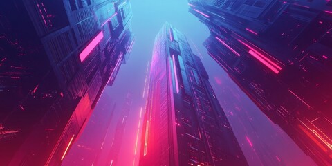 Obraz premium Futuristic Cityscape with Neon Lights and Skyscrapers in a Cyberpunk Style at Night