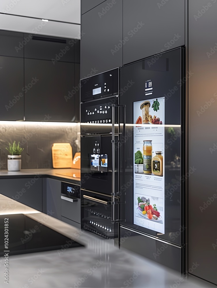 Leinwandbilder the kitchen is equipped with a high-tech refrigerator displaying grocery lists and a smart oven allo