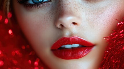 Close-up portrait of a woman with red lipstick and freckles.