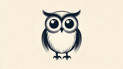 Fototapeta premium Simplified owl illustration made entirely from concentric circles, with large eyes and a small beak, set against a soft beige background. Smooth linework, no textures or shading, hd quality,