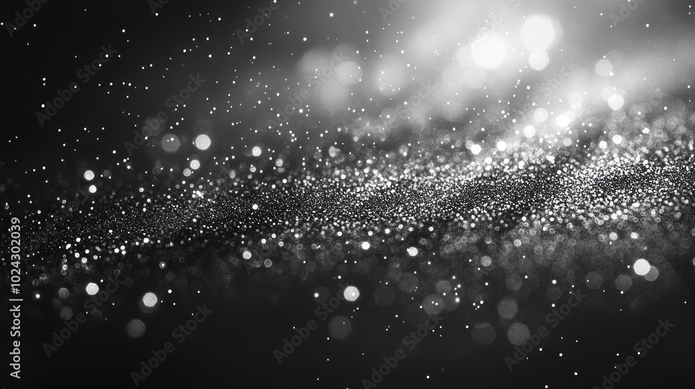 Poster abstract black and white background with shimmering particles and bokeh lights.