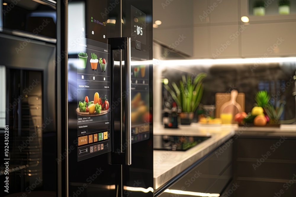 Poster a modern kitchen features a smart refrigerator with a touchscreen for grocery lists and recipes, alo