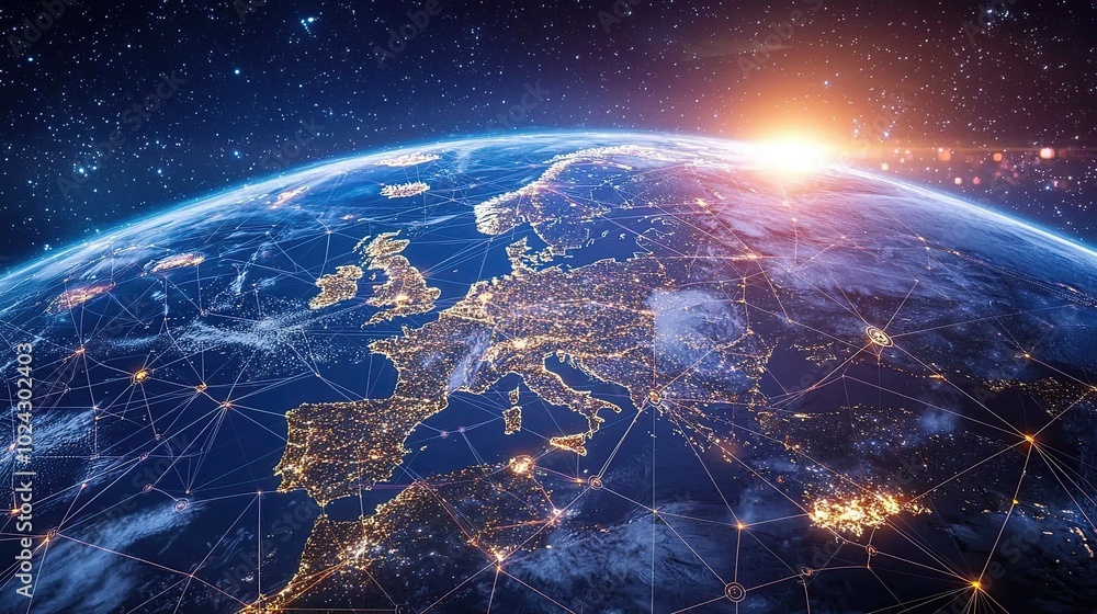 Poster earth from space with a network of lines connecting cities.