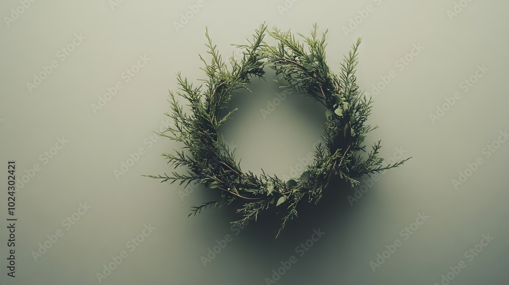 Wall mural A wreath of green leaves is sitting on a table. The wreath is circular and has a lot of leaves on it