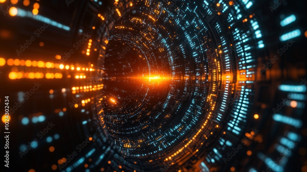 Aufkleber a futuristic, abstract tunnel of data and light, with orange and blue glowing lines creating a sense