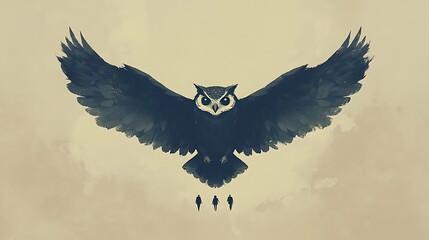 Fototapeta premium Simplified owl illustration with wings spread, focusing on smooth lines and minimal detailing, set against a muted beige background. Clean and balanced composition, no shading or textures,