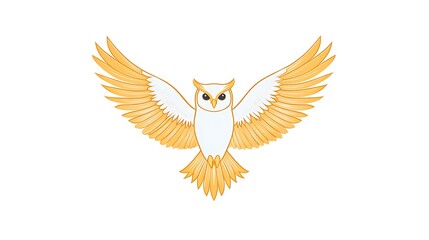 Obraz premium Simplified owl in flight with wings fully extended, using thin lines and minimal feather details, set against a plain white background. High contrast, flat colors, no shading, hd quality,