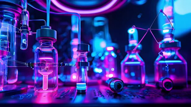 Closeup of a laboratory with glass tubes and beakers filled with colorful liquids, lit by neon lights in blue and pink hues.