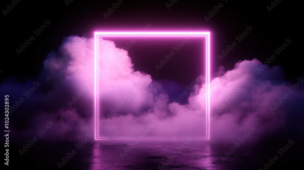 Poster a glowing neon frame surrounded by colorful clouds in a dark setting.