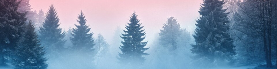Fototapeta premium Enchanted Winter Woods. Pink and Blue Fog Blanketing Snowy Trees in a Magical Seasonal Landscape