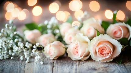 Fototapeta premium A beautifully arranged collection of soft pink and white roses, delicate baby breath