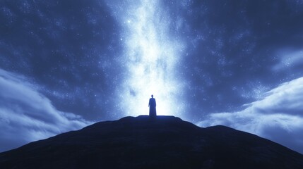 Majestic Milky Way: Celestial Cosmos 3D Render with Lone Figure on Mountain, Cinematic Lightning