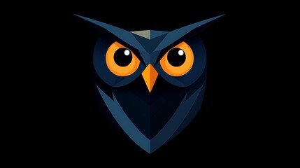 Fototapeta premium Simplified symmetrical owl design, using basic geometric shapes and lines, set against a solid black background. High contrast, clean lines, no additional details, flat colors, hd quality,