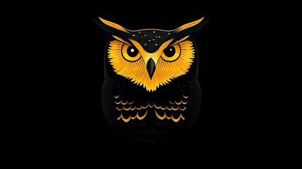 Simplified symmetrical owl design, using basic geometric shapes and lines, set against a solid black background. High contrast, clean lines, no additional details, flat colors, hd quality,