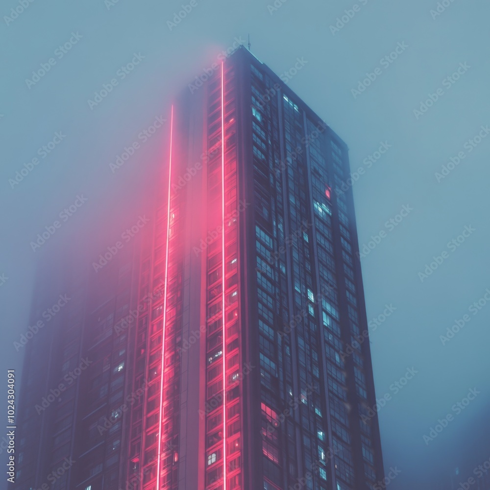 Poster a single skyscraper with neon lights, surrounded by ample copy space.