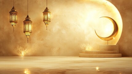 Ramadan lantern, Iftar, Eid crescent moon, text space and podium in gold style
