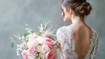 Naklejka premium A bride with her back turned, elegantly holding a bouquet of pink and white flowers