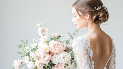 Obraz premium A bride with her back turned, elegantly holding a bouquet of pink and white flowers