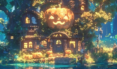 A Halloween pumpkin house featuring pumpkins, skeletons, and ghosts in a playful cartoon style, with cute voxel art on a clean background