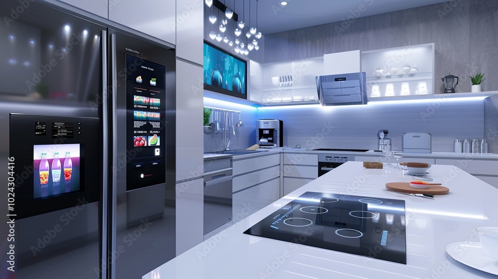 Poster this high-tech kitchen features a smart refrigerator showcasing grocery lists and a voice-activated 