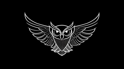 Obraz premium Simplistic owl line art with a focus on symmetry, smooth lines for wings and head, and large, evenly spaced eyes, set against a plain black background. Strong contrast, clean and precise linework,