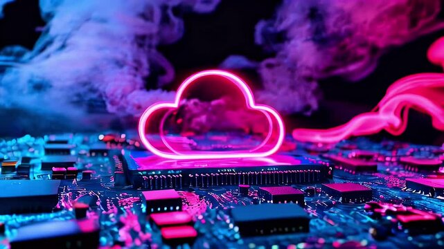 Neon cloud symbol hovering above a circuit board with pink and blue smoke.