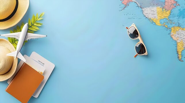 Organized travel essentials flat lay arrangement with passport sunglasses and map on a minimalist office desk or table  Concept for vacation planning journey tourism