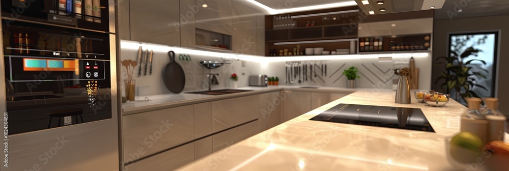 Poster a smart kitchen features a refrigerator with a touchscreen for recipes, paired with a voice-controll