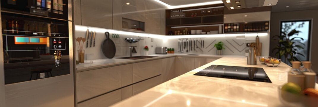 A smart kitchen features a refrigerator with a touchscreen for recipes, paired with a voice-controlled oven for effortless cooking. Generative AI