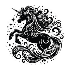 A black and white illustration of a unicorn surrounded by stars and flowers, showcasing a whimsical and enchanting scene.