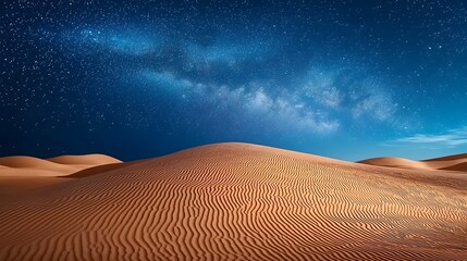 Naklejka premium Captivating night sky filled with twinkling stars and the Milky Way galaxy over a peaceful tranquil desert landscape Atmospheric and dramatic scenery evoking a sense of wonder and adventure