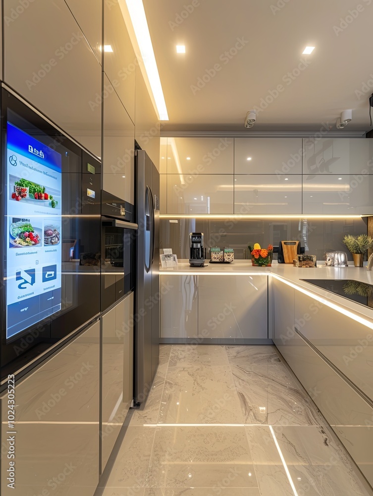 Poster this sleek kitchen showcases advanced technology with a smart refrigerator that lists groceries and 