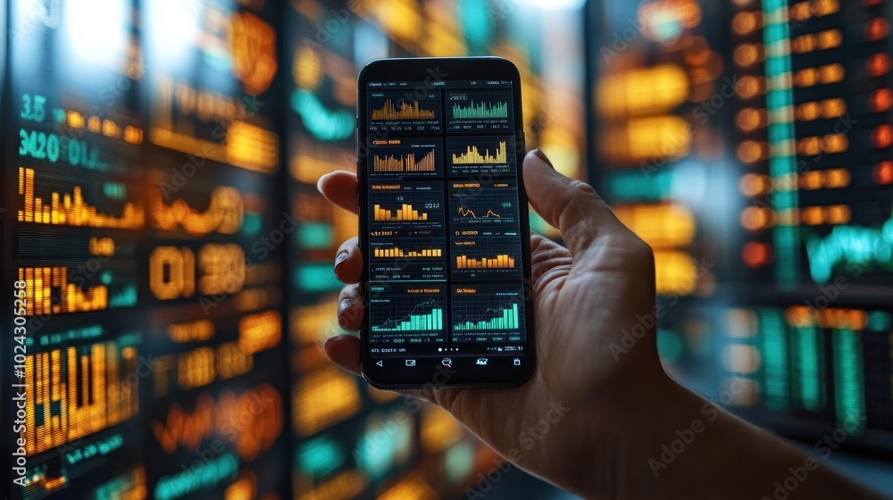 Poster a hand holds a smartphone displaying stock market data, with a blurred background of a wall of scree