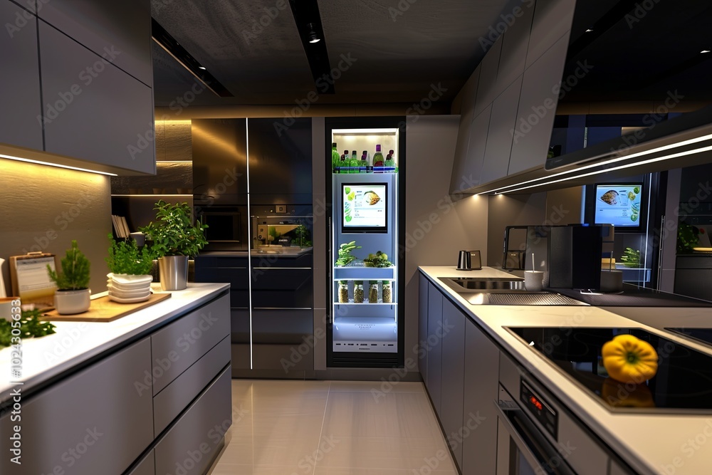 Poster this advanced kitchen showcases a smart refrigerator with a touch screen and a voice-controlled smar