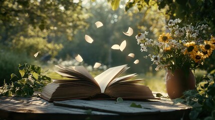 An open book on a table, pages fluttering in the breeze, surrounded by nature in a peaceful outdoor setting