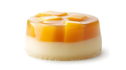 Mango flan dessert with creamy layers on white background