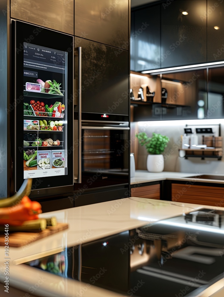 Poster This sleek kitchen features a smart refrigerator displaying grocery lists and recipes alongside a voice-controlled smart oven. Generative AI