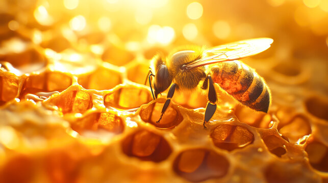 A close view of a honeybee resting on a perfectly golden honeycomb, with sunlight filtering