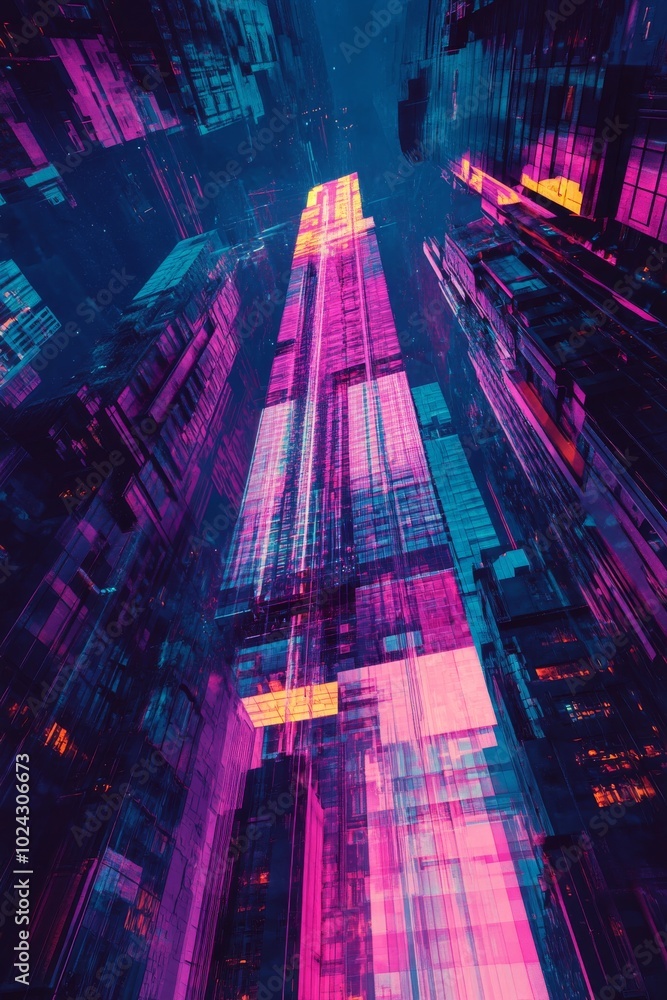 Poster abstract background featuring a synthwave skyscraper, highlighted by bold, vibrant colors and patter