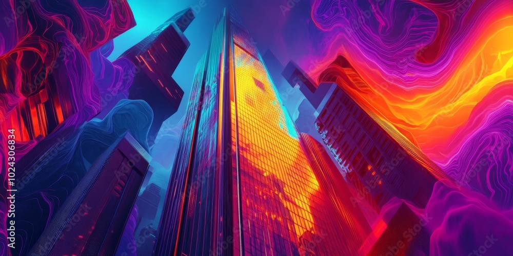 Poster abstract background featuring a synthwave skyscraper, highlighted by vibrant, swirling colors and pa