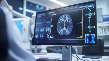 Close-up of scientist analyzing brain scan images on monitor, detailed neural pathways symbolize dementia research in medical lab setting.