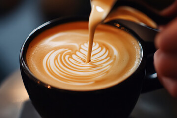 A close-up shot of a barista pouring milk into a black cup of espresso, creating a beautiful latte