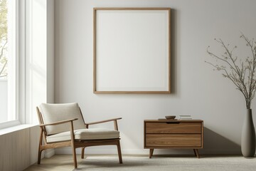 Stylish Living Room Interior with Armchair, Coffee Table, and Art Decor