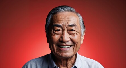 Fototapeta premium Elderly Asian man with high brow smirking light red gradient background
