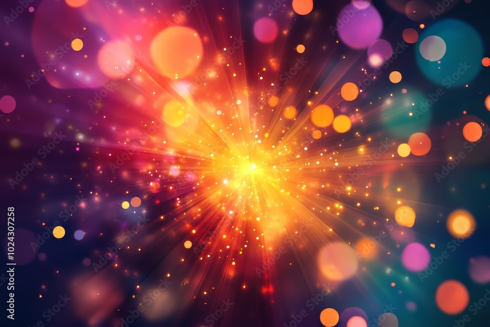Poster a dynamic and vibrant abstract background featuring colorful bokeh lights and a radiant burst of lig