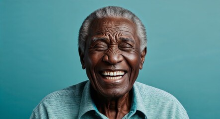 Elderly Black man with creased forehead laughing light teal background